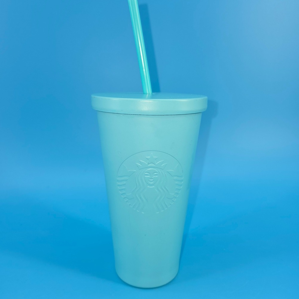 Starbucks Matte Teal Blue Stainless Steel Cold Cup Tumbler 16oz Siren Logo Straw